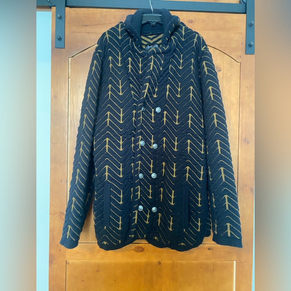 LCR Mens Black Edition Wool Cardigan Sweater Slim Fit Luxury Navy/Mocha Size 3XL